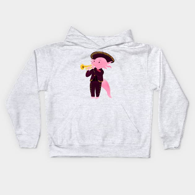 Axolotl with mariachi costume playing the trumpet, Digital Art illustration Kids Hoodie by KookyAngie